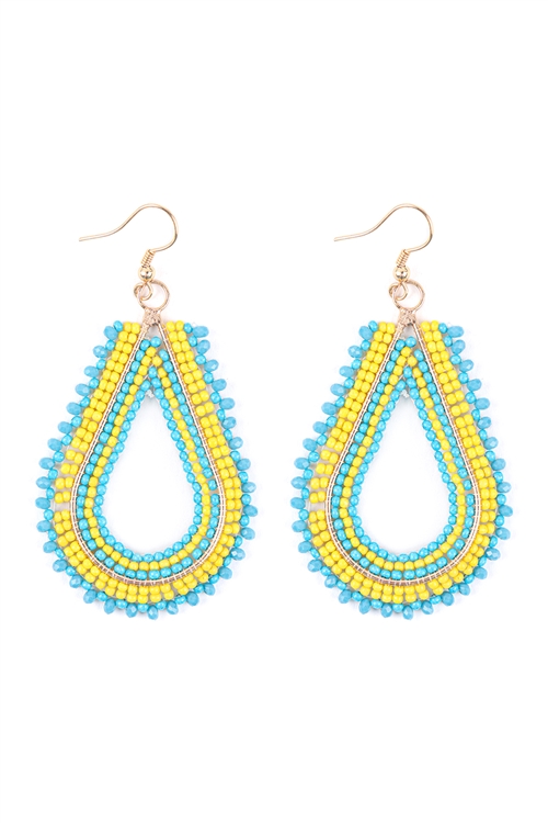 A1-2-3-FEA024GDMYB - SEED BEAD TWO TONE OPEN TEARDROP EARRINGS - YELLOW BLUE/3PCS