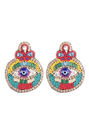 S1-1-4-FEA082GDMLT - EVIL EYE CHARM SEED BEAD POST DANGLE EARRINGS-GOLD MULTICOLOR/3PCS