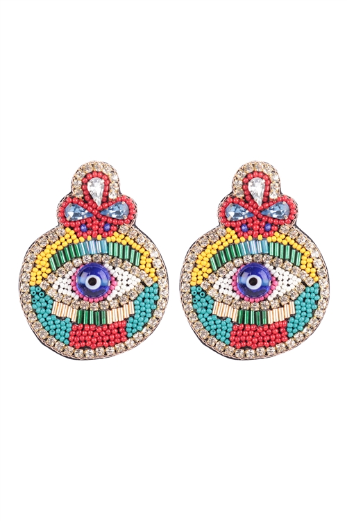 S1-1-4-FEA082GDMLT - EVIL EYE CHARM SEED BEAD POST DANGLE EARRINGS-GOLD MULTICOLOR/3PCS