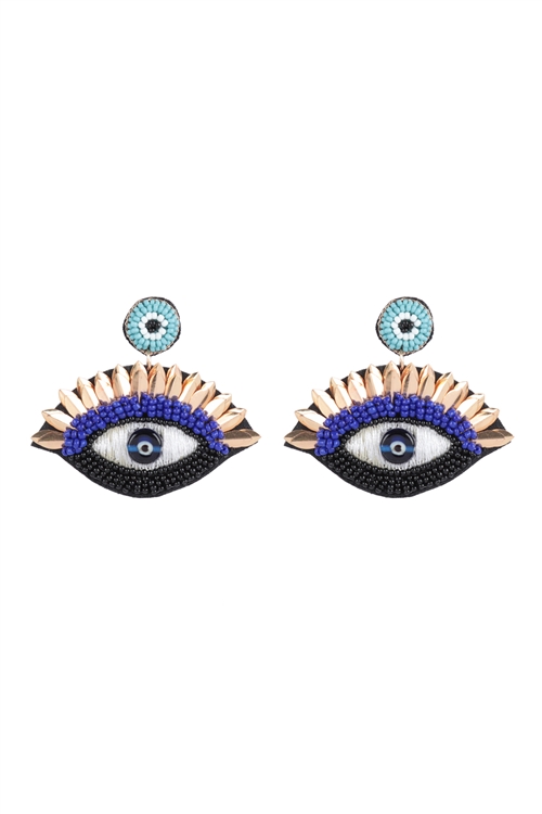 A3-1-3-FEA086GDBLE - EVIL EYE SEED BEAD  DANGLE DROP EARRINGS- GOLD BLUE/3PCS