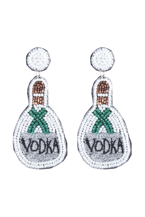 A3-2-2-FEA101GDIVY - VODKA BOTTLE SEED BEAD  DROP EARRINGS-EMERALD IVORY/3PCS