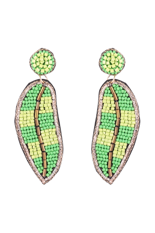 S1-2-5-FEA171GDGRN - SEED BEAD LEAF COLOR BLOKED POST DANGLE EARRINGS-GOLD GREEN/3PCS