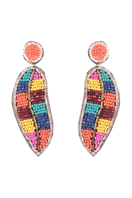 S1-2-5-FEA171GDMLT - SEED BEAD LEAF COLOR BLOKED POST DANGLE EARRINGS-GOLD MULTICOLOR/3PCS