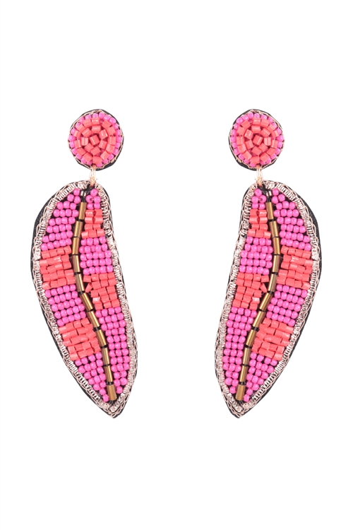 S1-2-5-FEA171GDPNK - SEED BEAD LEAF COLOR BLOKED POST DANGLE EARRINGS-GOLD PINK/3PCS