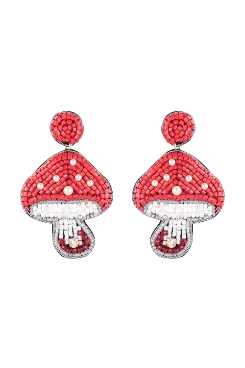 S1-2-5-FEA373GDRED - MUSHROOM SEED BEAD POST DROP EARRINGS-GOLD RED/3PCS