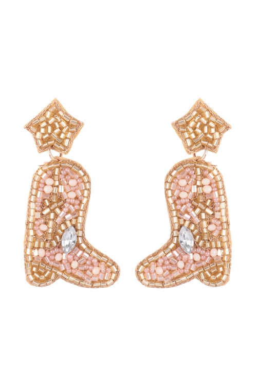 S1-2-5-FEA407GDPCH -  WESTERN BOOT SEED BEAD POST DROP EARRINGS-GOLD PEACH/3PCS