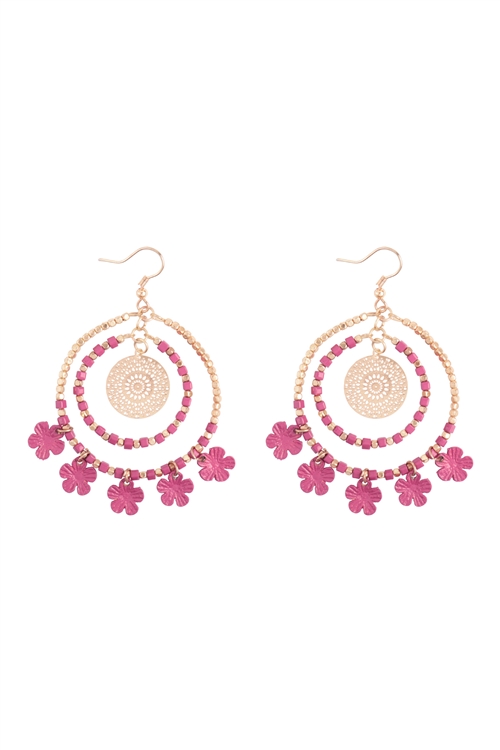 S1-2-5-FEA410GDFUS - DAISY ROUND DROP SEED BEAD  METAL EARRING-GOLD FUCHSIA/3PCS