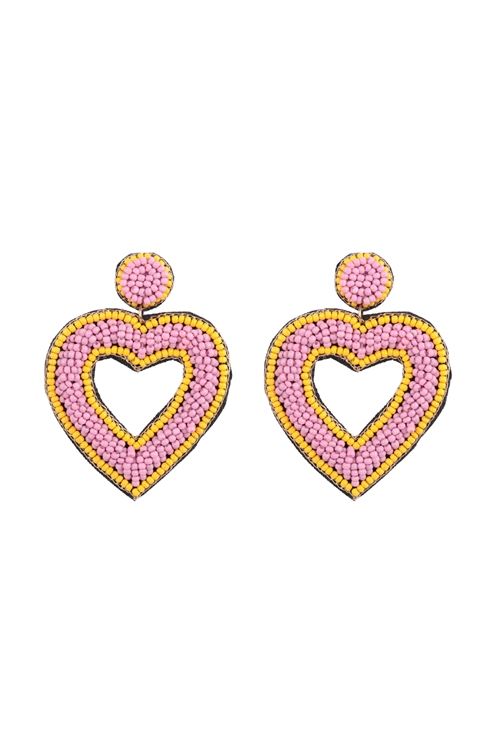 S1-8-5-FEA449GDMPK - OPEN HEART SEED BEADS DROP EARRINGS-PINK/3PCS