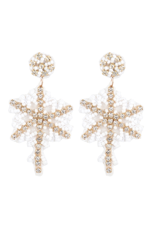 S1-6-5-FEA480GDWHT - CHRISTMAS SNOWFLAKE SEED BEAD DROP EARRINGS-WHITE/1PC