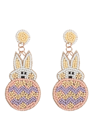 A3-2-3-FEA629GDMWH - EASTER RABBIT AND EGG SEED BEAD DROP EARRINGS-WHITE MULTICOLOR/1PC