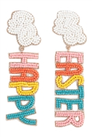 S7-5-3-FEA630GDMWH - HAPPY EASTER RABBIT SEED BEAD POST DROP EARRINGS- WHITE MULTICOLOR/1PC