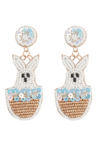 A3-3-2-FEA632GDMWH - EASTER RABBIT BASKET SEED BEAD DROP EARRINGS-WHITE MULTICOLOR/1PC