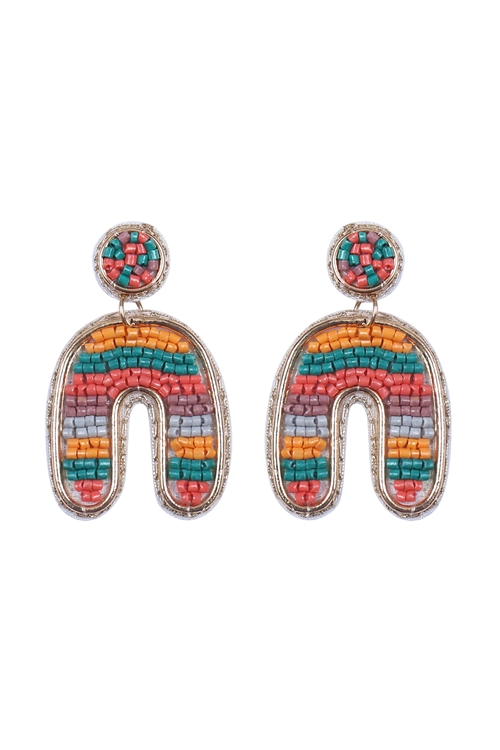 A2-5-4-FEA651GDMOR - COLOR BLOCK U ARCH SHAPE SEED BEAD EARRINGS-ORANGE/1PC (NOW $2.75 ONLY!)