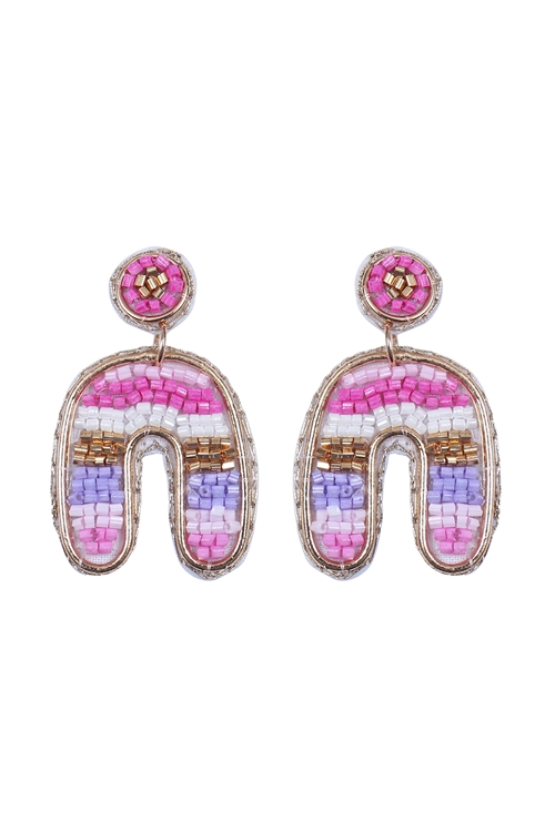 A3-3-2-FEA651GDMPR - COLOR BLOCK U ARCH SHAPE SEED BEAD EARRINGS-PURPLE/1PC (NOW $2.75 ONLY!)