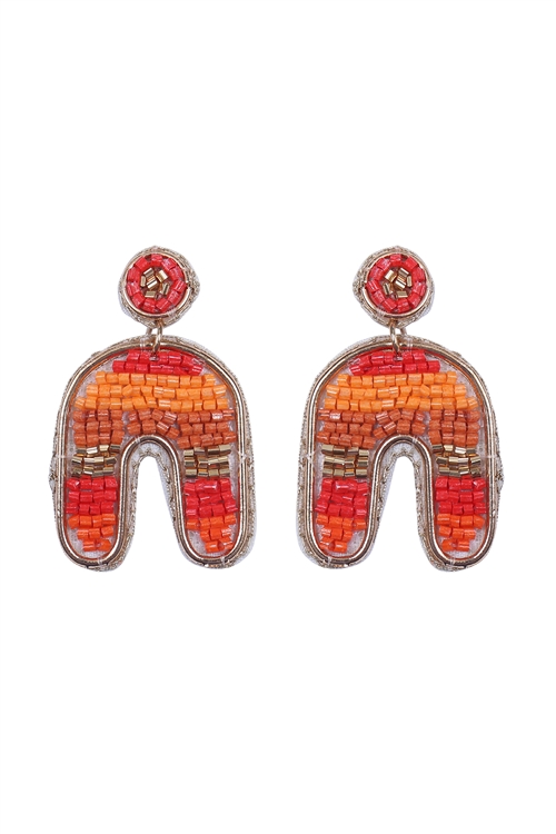 A3-3-2-FEA651GDMRD - COLOR BLOCK U ARCH SHAPE SEED BEAD EARRINGS-RED/1PC (NOW $2.75 ONLY!)