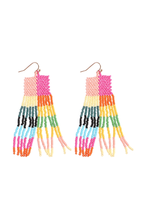 A1-2-1-FEA716GDMLT - BOHO SQUARE SEED BEAD FRINGE DROP EARRINGS-MULTICOLOR/1PC