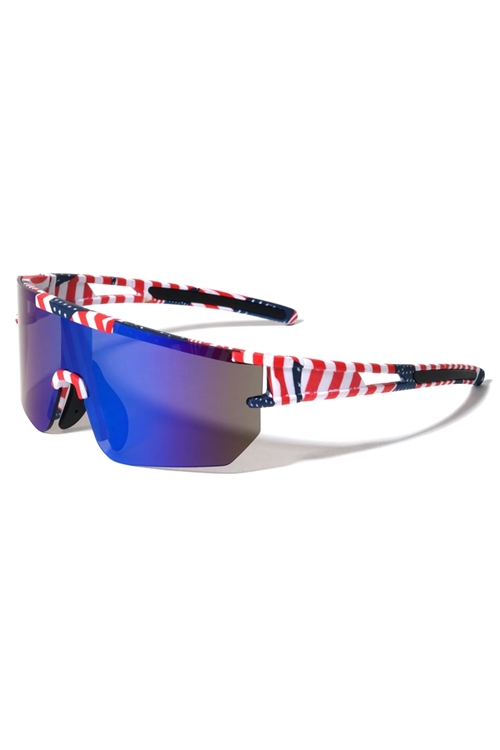 S40-1-1-BP0207-FLAG - AMERICAN FLAG PRINT COLOR MIRROR ONE PIECE SHIELD SPORTS WHOLESALE SUNGLASSES/12PCS