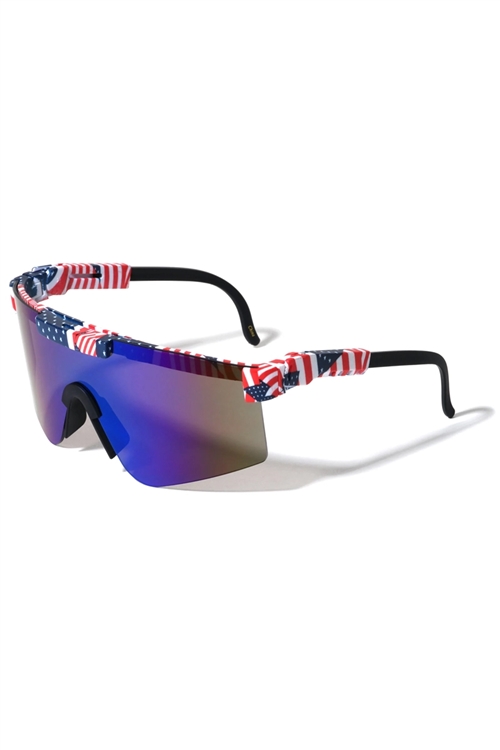 S40-1-1-BP0208-FLAG - AMERICAN FLAG PRINT ADJUSTABLE TEMPLE COLOR MIRROR ONE PIECE SHIELD SPORTS WHOLESALE SUNGLASSES/12PCS