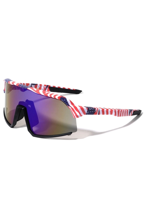 S40-1-1-BP0213-FLAG - AMERICAN FLAG INK SPLATTER COLOR MIRROR SHIELD LENS SPORTS WHOLESALE SUNGLASSES/12PCS