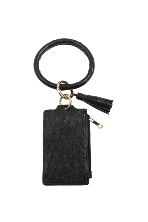 S21-4-3-FK0184GDBLK  - OSTRICH ID CARD KEYCHAIN - BLACK/6PCS