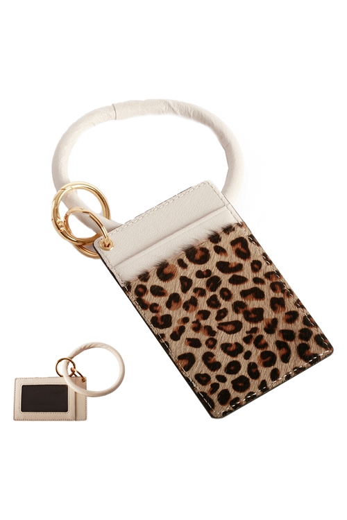 S23-11-3-FK0270GDBEG - LEATHER LEOPARD IDCARD KEY CHAIN - BEIGE/6PCS