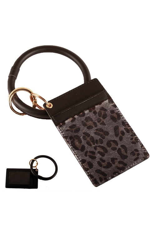 S23-11-3-FK0270GDBLK - LEATHER LEOPARD IDCARD KEY CHAIN - BLACK/6PCS