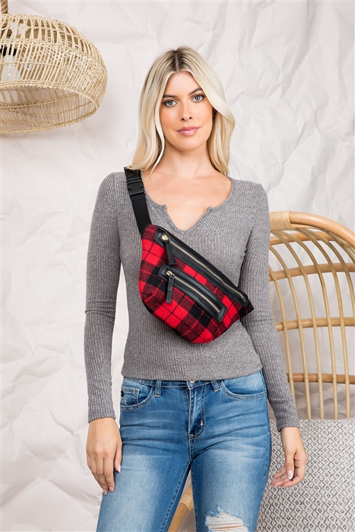 S19-9-4-FP429X004F - BUFFALO PLAID PRINT FASHION BELT BAG - RED/1PC