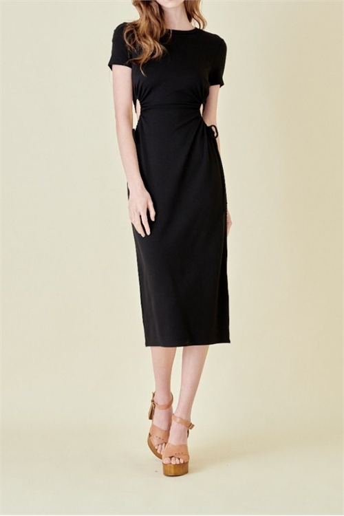 S41-1-1-FR-DD5401FO-BK - SHORT SLEEVE SIDE CUT OUT MIDI DRESS- BLACK 2-2-2 (NOW $14.75 ONLY!)