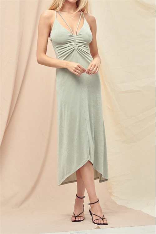 S41-1-1-FR-DD5971FO-SG - V NECK RUCHED FRONT STRAPPY MAXI DRESS- SAGE 2-2-2 (NOW $14.75 ONLY!)