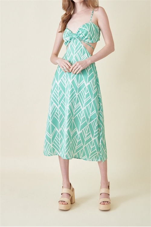 S41-1-1-FR-DI5459FO-GN - ABSTRACT MIDRIFF CUTOUT THIGH SLIT MIDI DRESS- GREEN 2-2-2 (NOW $14.75 ONLY!)