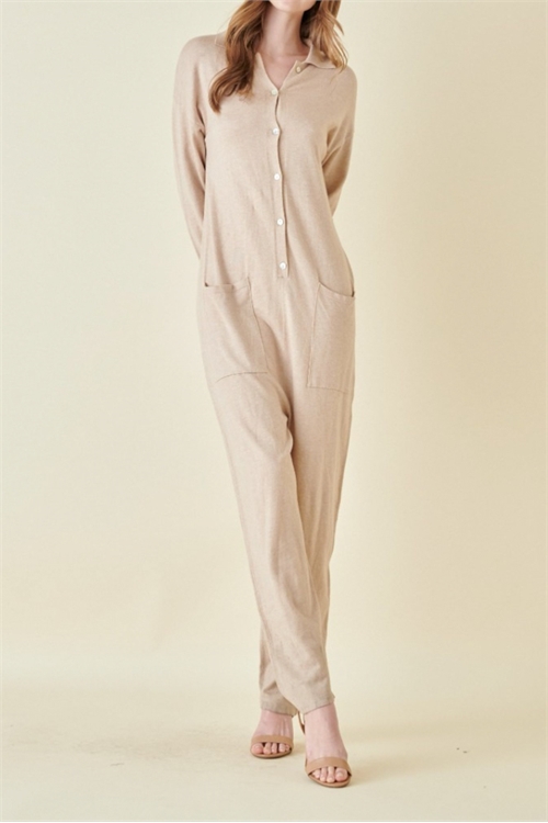 S41-1-1-FR-PI5118-OTM - COMFY LOUNGEWEAR BUTTON UP JUMPSUIT W/ POCKETS- OATMEAL 2-2-2 (NOW $14.75 ONLY!)