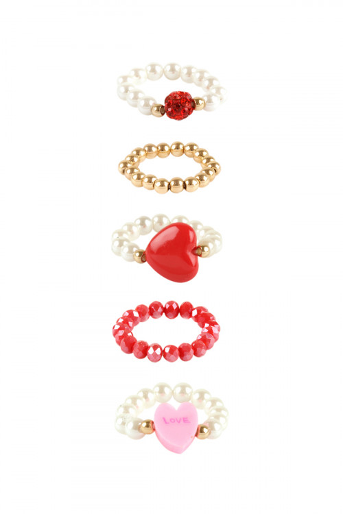 SA4-1-1-FR1140GDRED - PEARL GLASS BEAD HEART LOVE MULTI STACKABLE RING SET- GOLD RED/6PCS