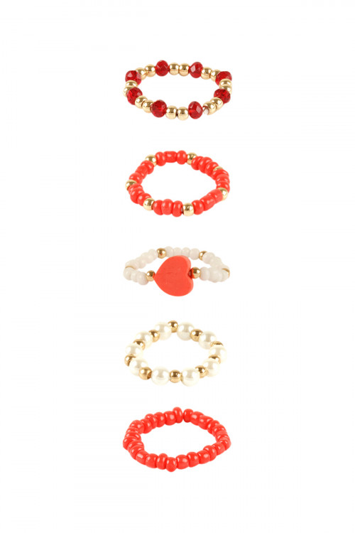 SA3-2-3-FR1144GDRED - PEARL SEED BEAD HEART MULTI STACKABLE RING SET - GOLD RED/6PCS