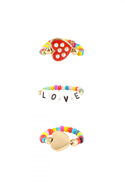 SA3-2-3-FR1152GDMLT - SEED BEAD LOVE MESSAGE HEART MULTI STACKABLE RING - GOLD MULTICOLOR/6PCS