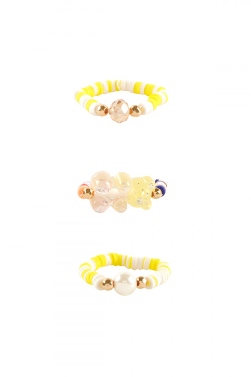 S1-1-3-FR1167GDYEW - PEARL FIMO BEAR MULTI STACKABLE RING - GOLD YELLOW/6PCS