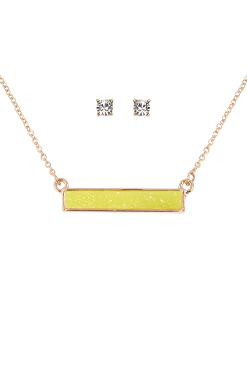 S6-4-2-FS1631GDLIM - DRUZY PENDANT BAR NECKLACE AND EARRING SET - GOLD LIME/6PCS
