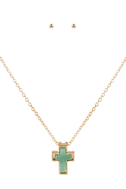 S1-8-2-FS3057GDTQS - DRUZY CROSS PENDANT NECKLACE AND EARRING SET - GOLD TURQUOISE/6PCS