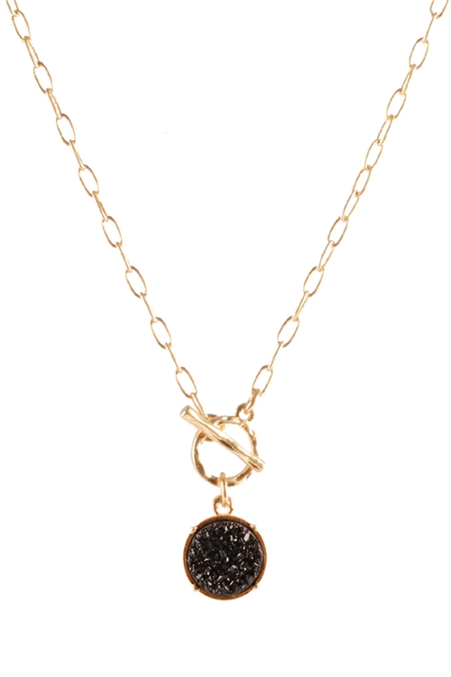 A1-2-3-FS3208WGJT - DRUZY LINK ROUND PENDANT NECKLACE - MATTE GOLD BLACK/6PCS