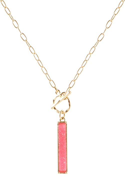 S1-8-5-FS3209WGFSH - DRUZY LINK BAR PENDANT NECKLACE - MATTE GOLD FUCHSIA/1PC