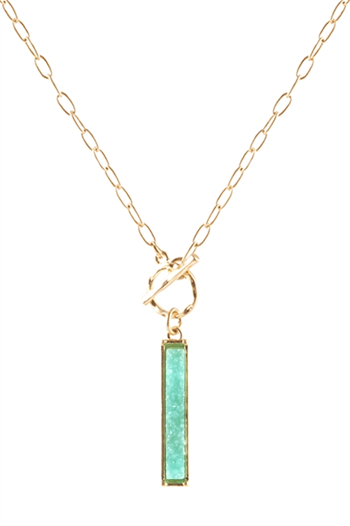 S1-8-5-FS3209WGTQS - DRUZY LINK BAR PENDANT NECKLACE - MATTE GOLD TURQUOISE/1PC