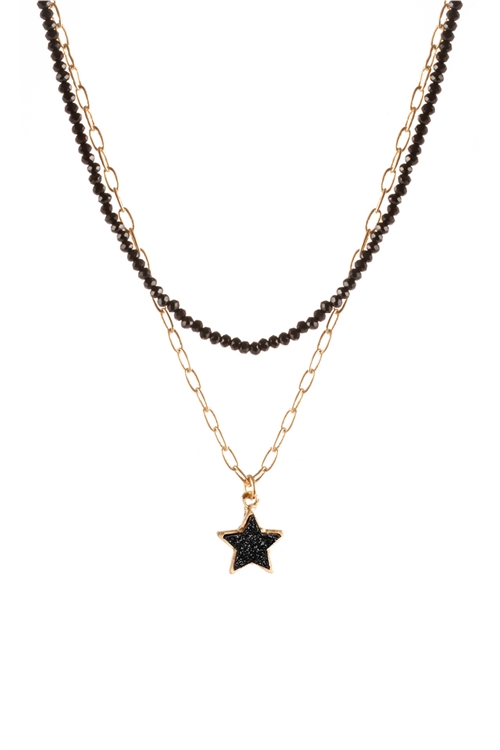 A3-2-4-FS3219GDJT- DRUZY GLASS BEAD STAR LINK PENDANT NECKLACE-GOLD BLACK/1PC