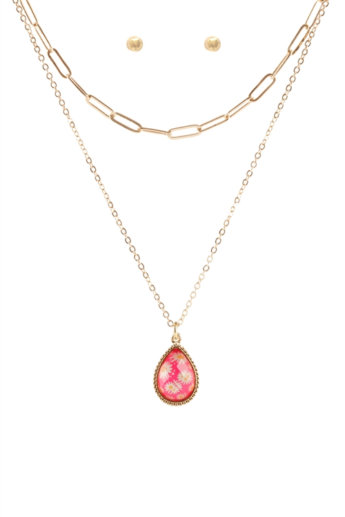 S5-5-1-FS3301GDFSH - EPOXY METAL FLOWER TEARDROP PENDANT LAYERED NECKLACE AND EARRING SET - GOLD FUCHSIA/6PCS