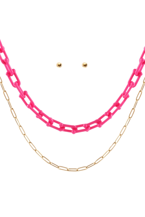 S6-6-4-FS3492GDFSH - ACETATE METAL LINK LAYERED NECKLACE AND EARRING SET-GOLD FUSCHIA/1PC (NOW $3.00 ONLY!)