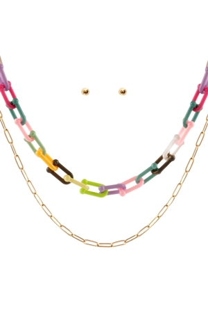S5-5-4-FS3492GDMLT - ACETATE METAL LINK LAYERED NECKLACE AND EARRING SET-GOLD MULTICOLOR/1PC (NOW $3.00 ONLY!)