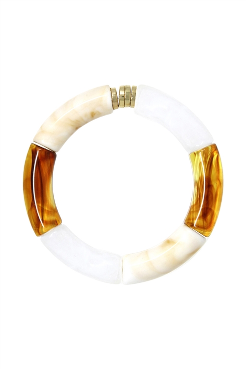 A2-2-4-GB2358GDIVMT - RESIN TUBULAR BEAD MARBLE STRETCH BRACELET-GOLD/IVORY/MULTI/6PCS