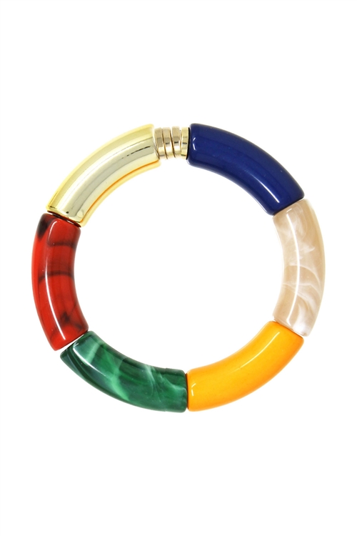 A2-2-4-GB2358GDORMT - RESIN TUBULAR BEAD MARBLE STRETCH BRACELET-GOLD/RED/MULTI/6PCS