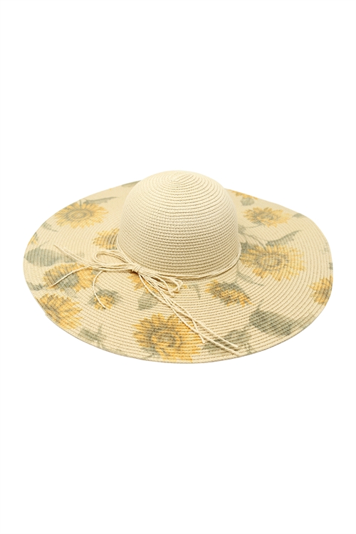 S28-2-4-H3016BEIGE - SUN FLOWER PRINT WOMEN'S SUMMER HAT - BEIGE/6PCS