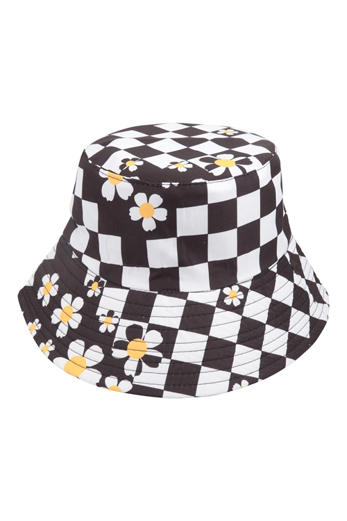 S17-11-6-H3337BLACK -  CHECK FLOWER PRINT FASHION  BUCKET HAT-BLACK/1PC