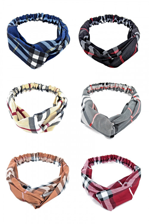 S1-4-3-LBH353 ASSORTED MULTICOLOR PLAID PATTERN ELASTIC HEADBANDS/12PCS