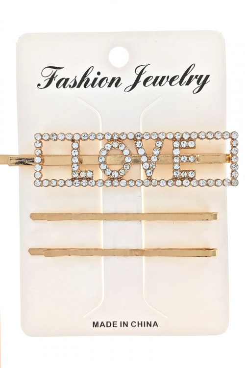 S1-2-1-LBH386 3 ON A CARD GOLD LOVE FASHION BOBBY HAIRPIN SET/12SETS